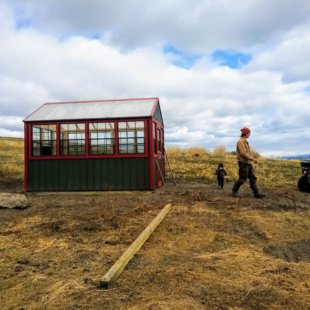 A man and a child walking near a green and red greenhouse on a grassy landscape under a cloudy sky. The greenhouse features large windows and is surrounded by dry grass and dirt, with a wooden beam lying nearby.
