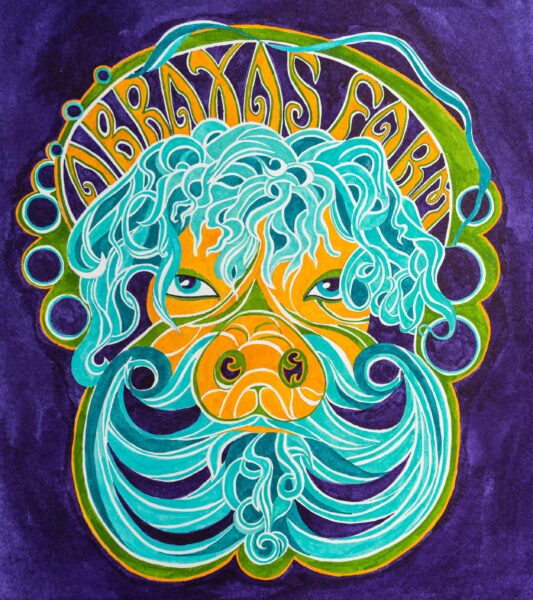 Colorful psychedelic illustration of a dog's face with swirling patterns, featuring vibrant turquoise and orange tones, surrounded by decorative text that reads 